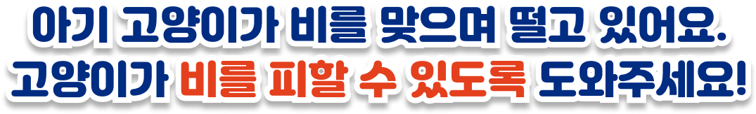 아기 고양이가 비를 맞고 떨고 있어요. 고양이가 비를 피할 수 있도록 도와주세요!
